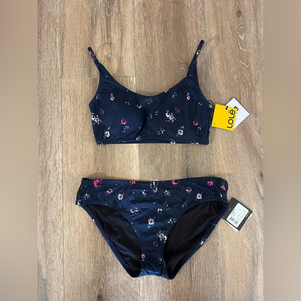 Lolë Tanami Bikini Top (M) & Caribbean Bottoms (L) - Navy Blue Floral
